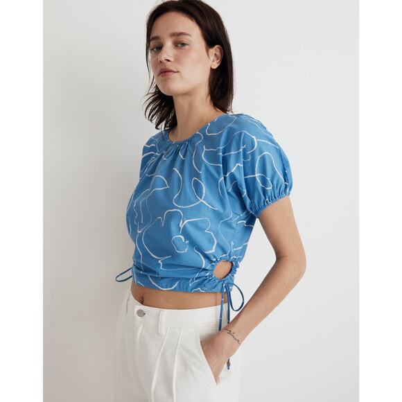 Madewell Embroidered Poplin Puff-Sleeve Cutout Crop Top Oranamental Blue Size XL - Picture 3 of 8